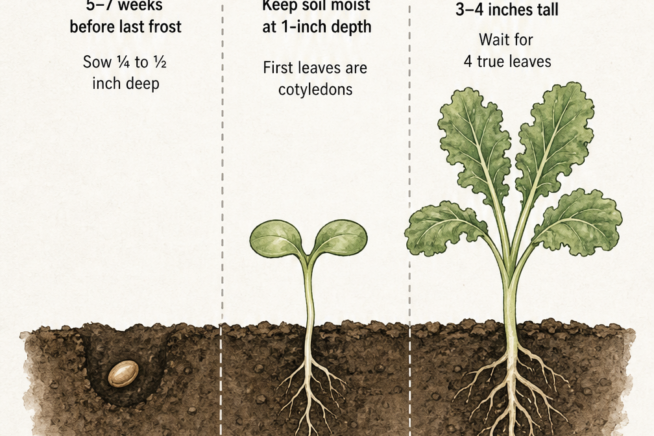 Botanical illustration showing three stages of starting kale seedlings from seed to thinning