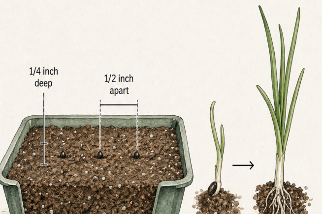 Illustration showing how to start onion seeds indoors, with seeds planted 1/4 inch deep and 1/2 inch apart in a seed tray.