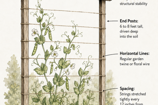 Botanical illustration showing a string pea trellis setup with end posts, a top board, and horizontal twine spaced every 12 inches in a narrow garden bed.