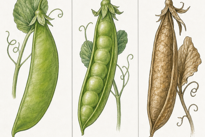 Botanical illustration showing three stages of sugar snap pea harvest: fresh young pods, shelling peas, and dry pods for seed saving.
