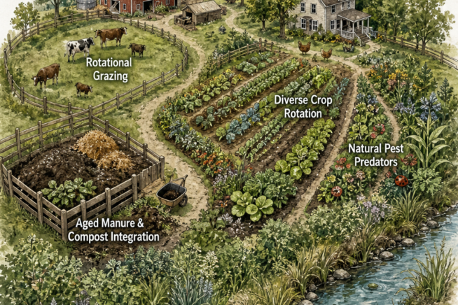Aerial illustration of a sustainable family farm ecosystem showing crop rotation, compost integration, and a riparian buffer zone