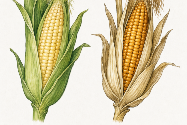 Side-by-side illustration comparing fresh green sweet corn with dried field corn
