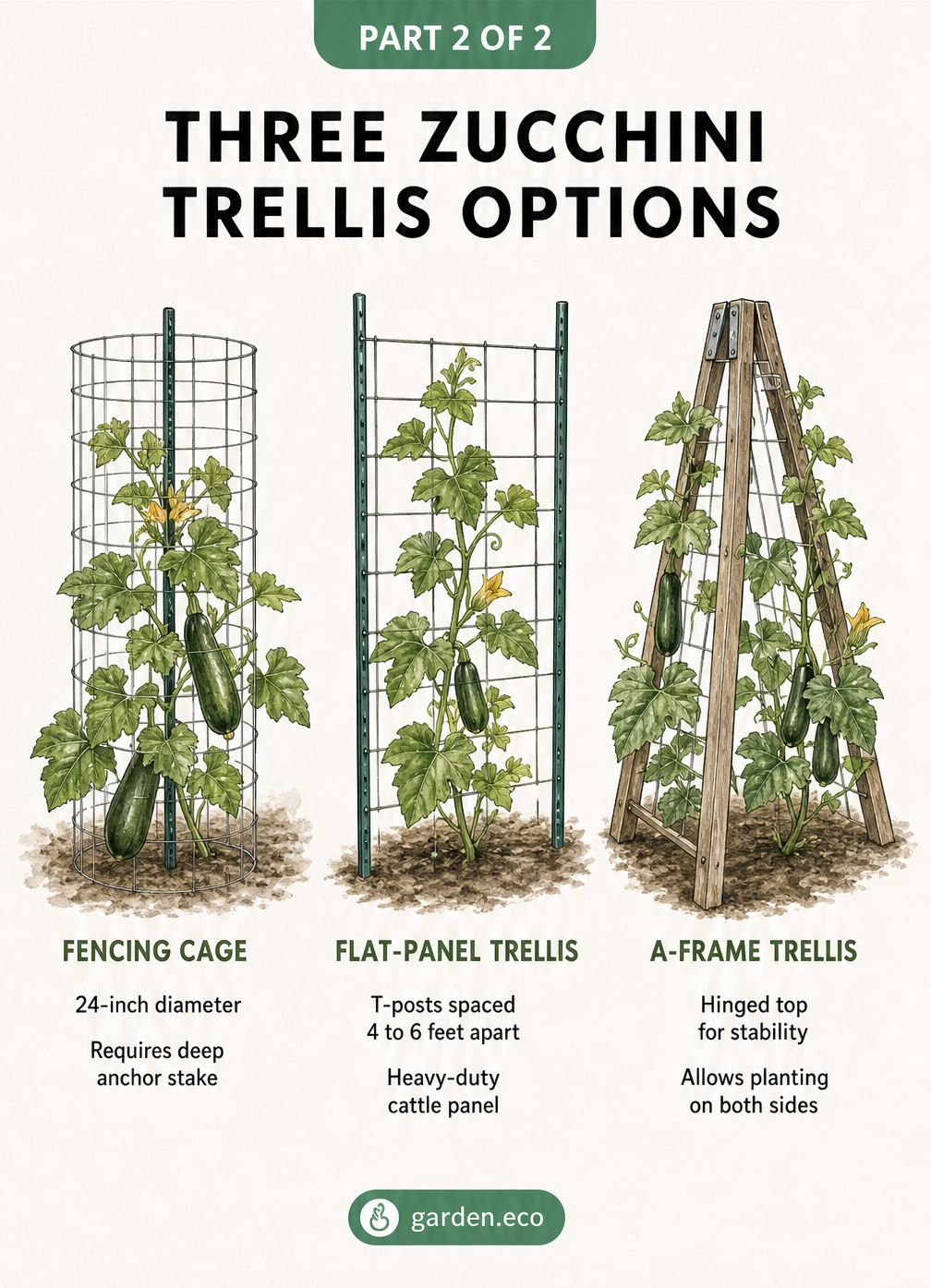 Three types of zucchini trellises: a fencing cage, a flat-panel trellis, and an A-frame trellis