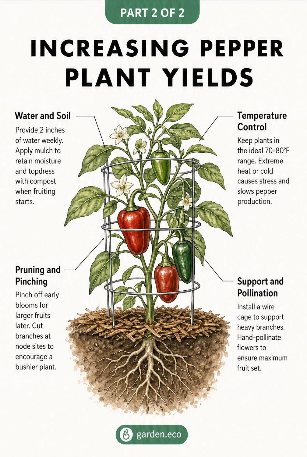 Illustration of a healthy pepper plant showing tips for increasing yields including watering, temperature control, pruning, and support.