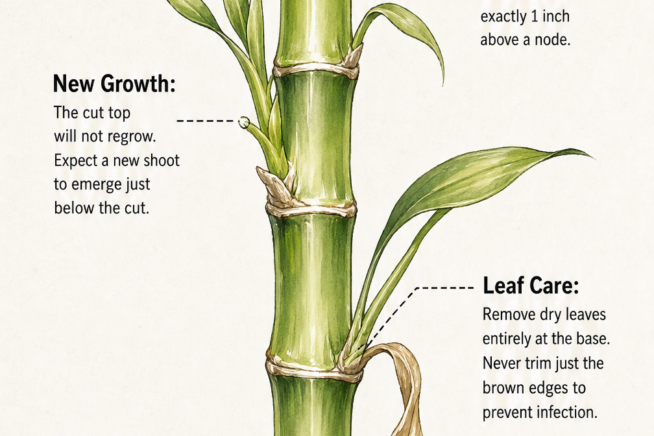Botanical illustration showing how to trim a lucky bamboo stem above a node