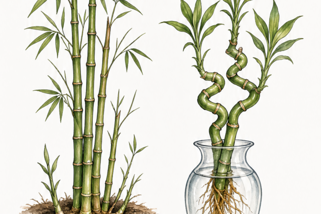 Botanical illustration comparing true bamboo with roots in soil to lucky bamboo growing in a glass vase of water