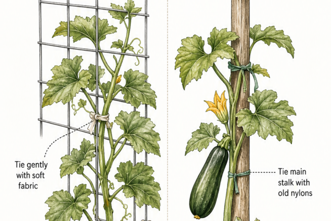 Illustration of two vertical zucchini support methods comparing a cattle panel trellis and a single wooden stake.