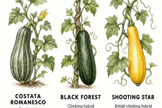 Botanical illustration of three vining zucchini varieties: Costata Romanesco, Black Forest, and Shooting Star.