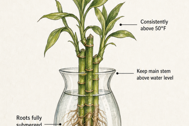 Botanical illustration showing the ideal container setup for water bamboo, including light, temperature, and water level requirements.