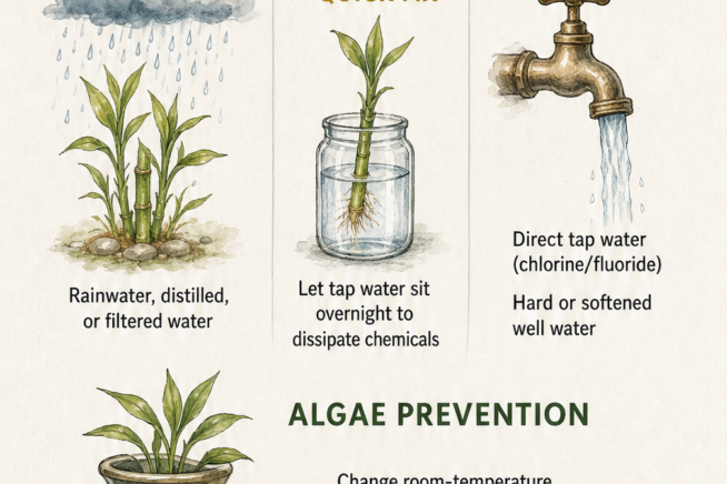 Illustration comparing ideal water types for water bamboo versus water to avoid, along with tips for algae prevention.