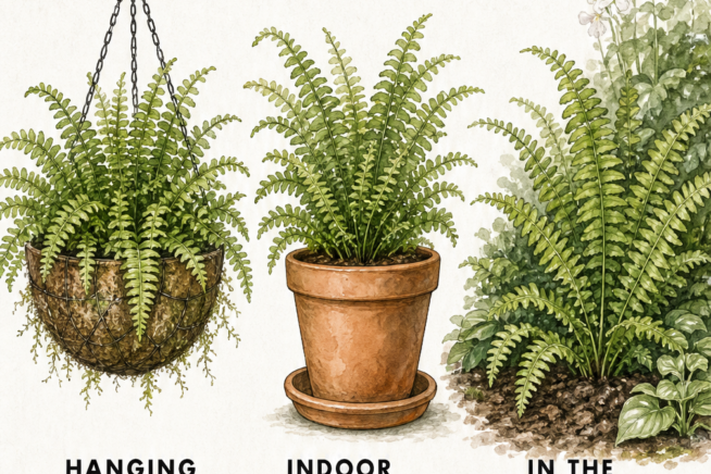 Illustration showing when to water Boston ferns in hanging baskets, indoor containers, and in the ground.