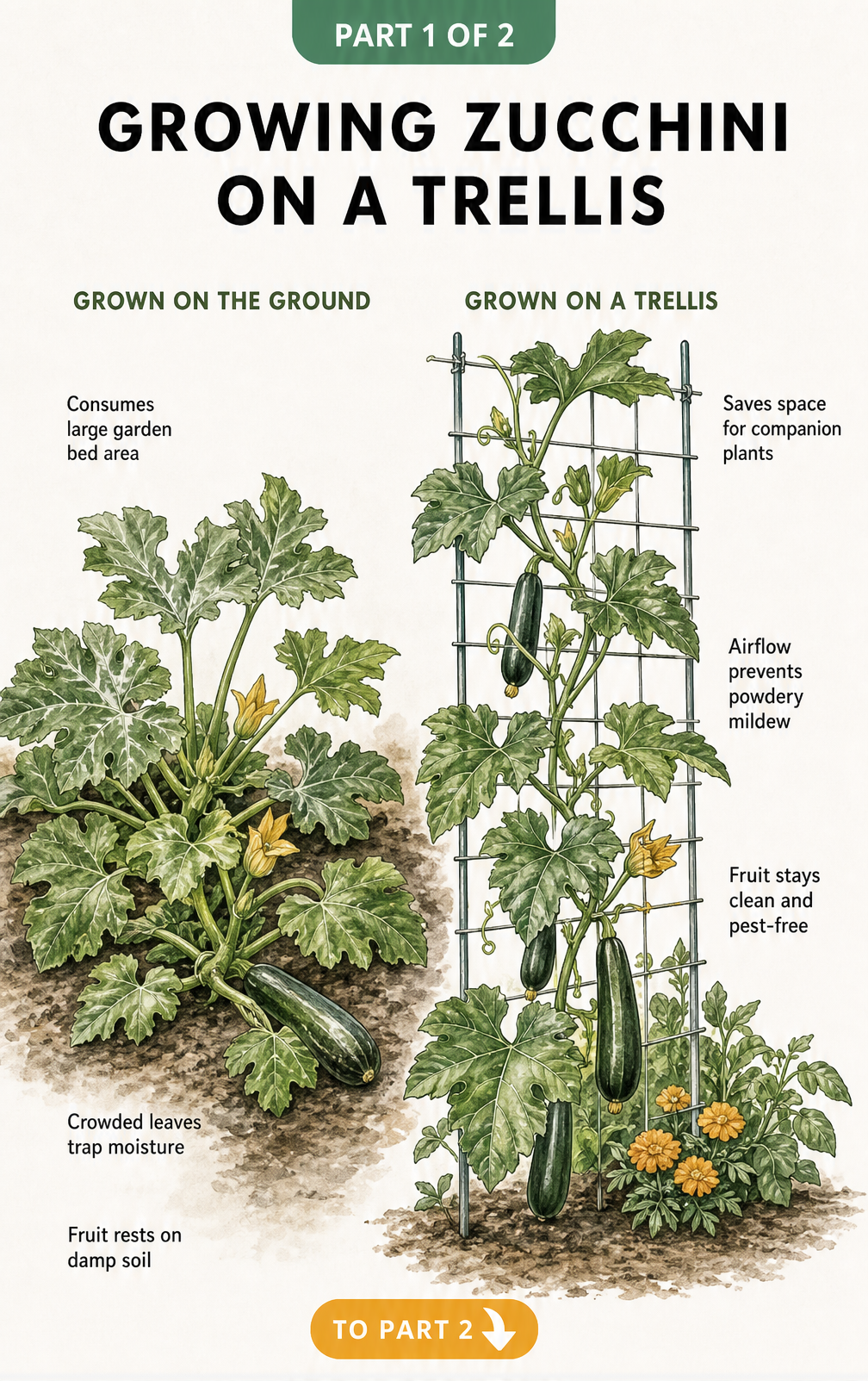 Illustration comparing a sprawling zucchini plant on the ground with one growing vertically on a trellis
