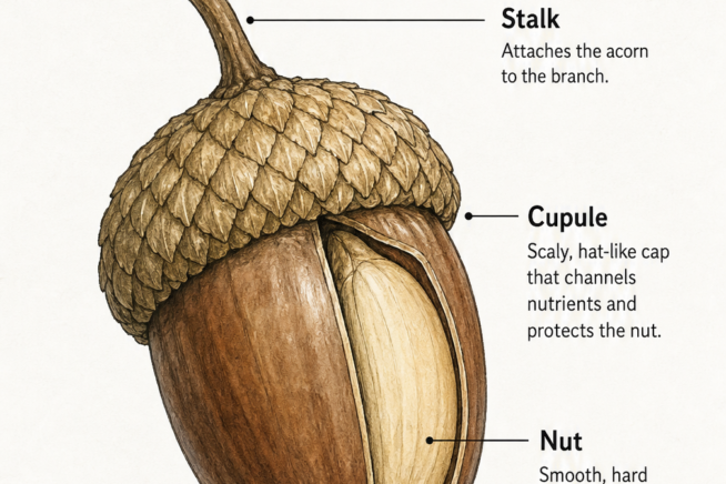 Botanical illustration showing the anatomy of an acorn, including the stalk, scaly cupule, and hard outer nut shell.