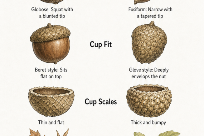 Visual comparison of acorn identification traits, showing differences in shape, cup fit, cup scales, and sprouting time between oak groups.