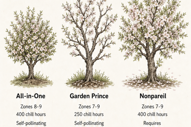 Botanical illustrations of All-in-One, Garden Prince, and Nonpareil almond tree cultivars with zone data
