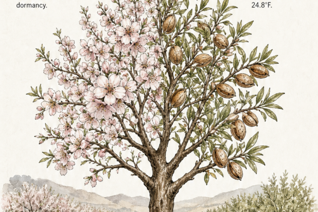 Botanical illustration of an almond tree showing winter chill, spring frost, water needs, and sun and soil requirements.