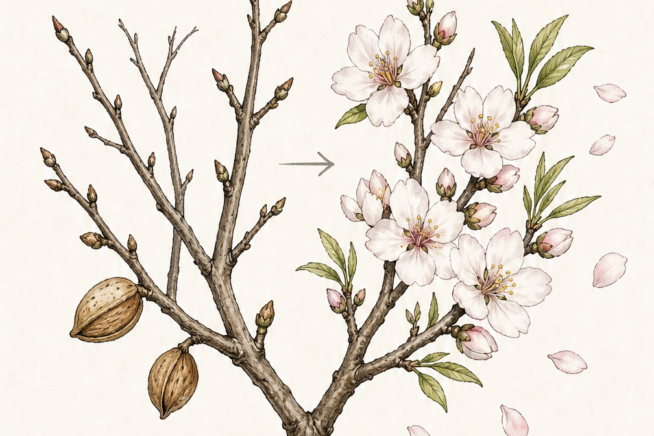 Illustration of an almond tree branch showing winter dormancy and spring blooms with USDA hardiness zones