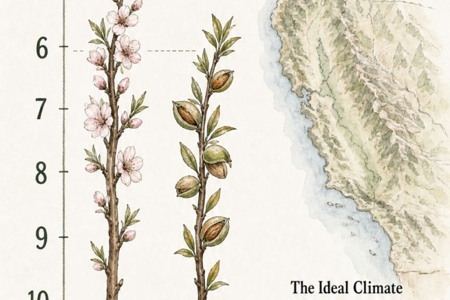 Illustrated chart showing USDA zones 5 through 10 for general almond varieties and low-chill cultivars, alongside the ideal Mediterranean climate of California.