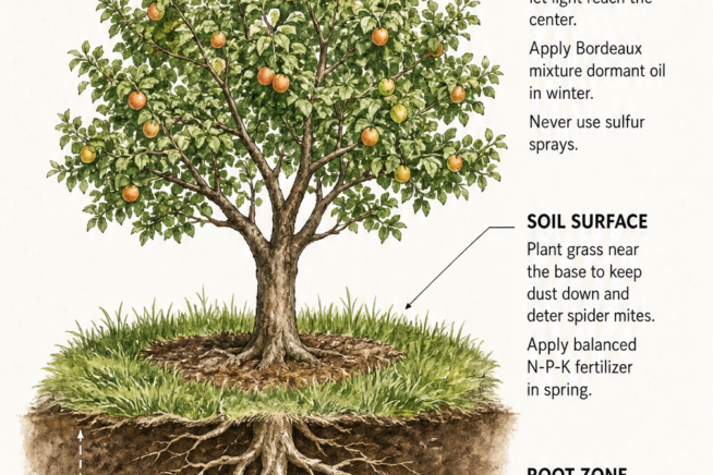 Cross-section illustration of an apricot tree showing care tips for the canopy, soil surface, and root zone.