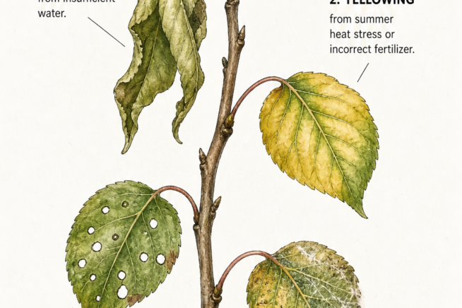 Botanical illustration of an apricot branch showing four different leaf problems including wilting, yellowing, holes, and fine webs.