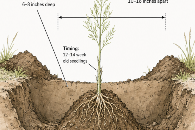 Botanical cross-section illustration showing an asparagus seedling planted in a trench with a soil mound at the base.