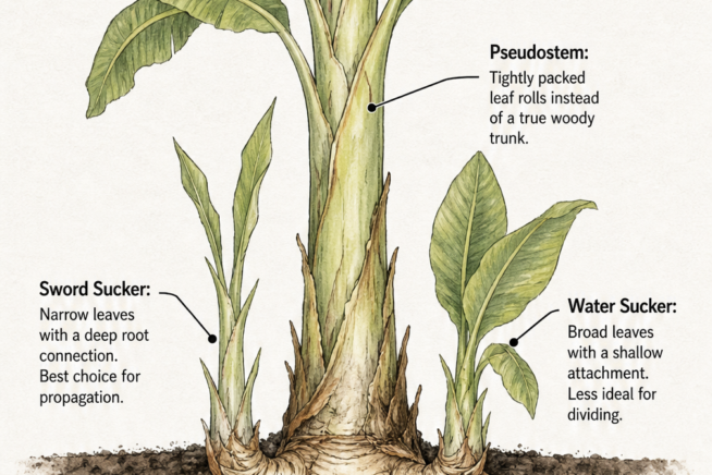 Botanical illustration showing the anatomy of a banana plant bulb, including the main rhizome, pseudostem, sword sucker, water sucker, and root mat.