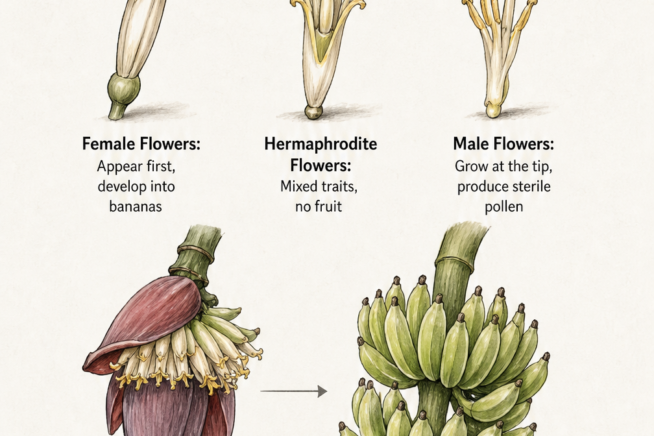 Illustration of the three types of banana flowers (female, hermaphrodite, and male) and a timeline showing the progression from flower to mature fruit.