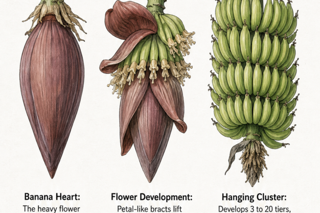 Botanical illustration of banana fruit growth stages from the flower heart to a hanging cluster of bananas.
