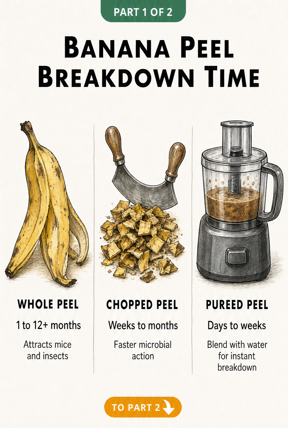 Illustration comparing the breakdown time of whole, chopped, and pureed banana peels for composting
