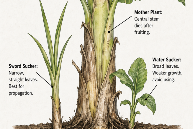 Botanical cross-section of a banana plant showing the mother plant, underground rhizome, sword sucker, and water sucker.
