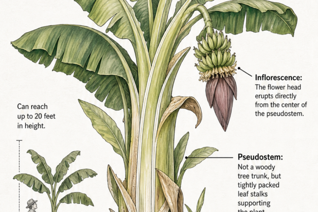 Botanical illustration showing the inside of a banana plant with its corm, pseudostem, and inflorescence.