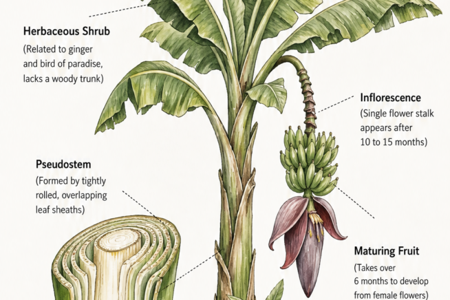 Botanical illustration showing the anatomy of a banana plant including the pseudostem, inflorescence, and maturing fruit