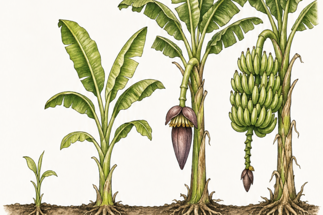 Illustration showing the four growth stages of a banana plant from a small sucker to a mature plant with fruit.