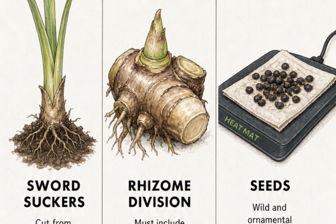 Three ways to propagate banana plants: using sword suckers, dividing the rhizome, or growing from seeds.