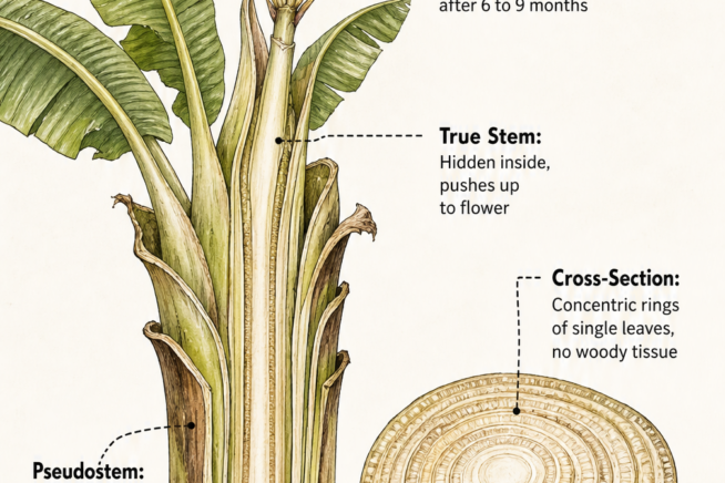 Botanical illustration showing the anatomy of a banana stalk, including the pseudostem, true stem, and inflorescence.