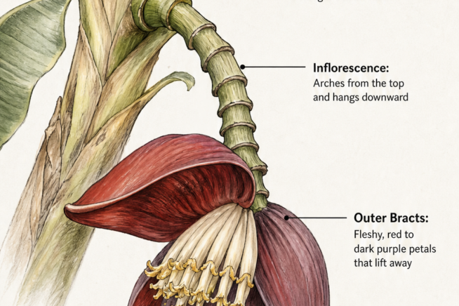 Botanical illustration showing the anatomy of a banana tree flower, including the pseudostem, inflorescence, outer bracts, and true flowers.