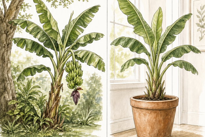 Illustration showing a banana tree growing outdoors under a larger tree canopy compared to a compact banana plant in a terracotta pot indoors.