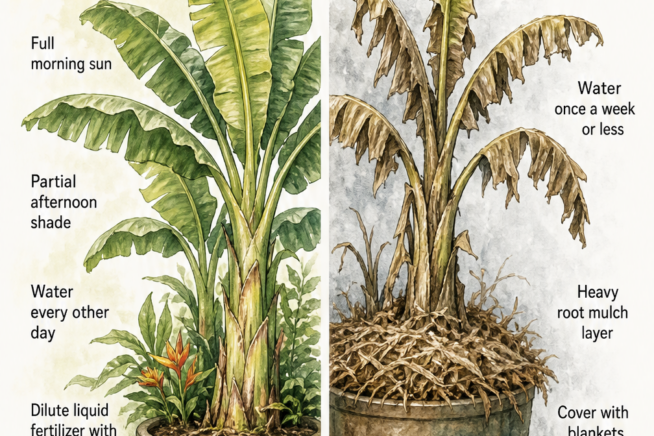Split botanical illustration showing a banana tree's active summer growth with green leaves versus winter dormancy with heavy root mulch.