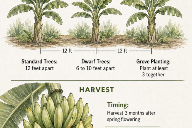 Illustration showing proper spacing for standard and dwarf banana trees and a light green banana bunch ready for harvest