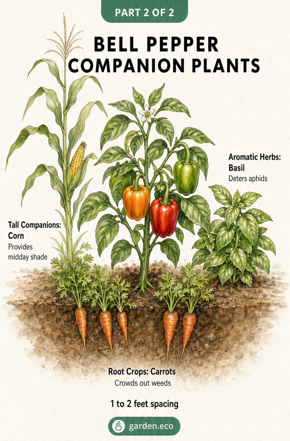 Hand-drawn garden layout showing a bell pepper plant surrounded by companion plants like corn, carrots, and basil