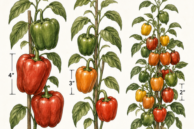Botanical illustration showing three sizes of bell peppers on branches: standard, medium, and miniature, with expected fruit yields per plant.