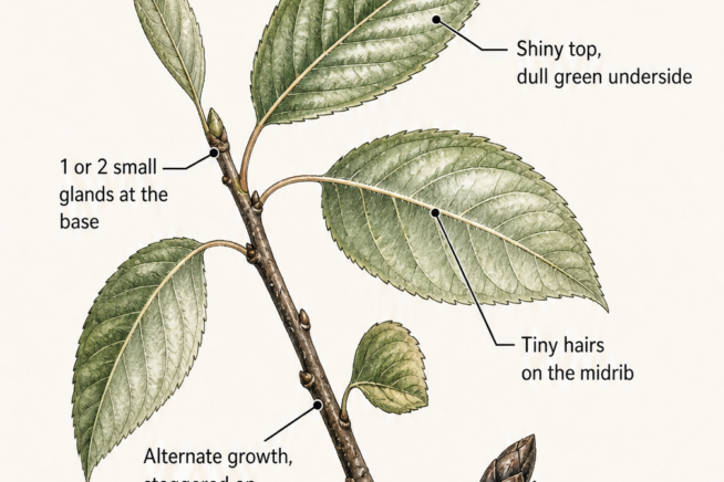 Botanical illustration showing black cherry leaf traits including shiny top, dull underside, and small glands at the base.