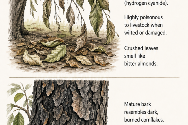 Illustration of wilted black cherry leaves on a pasture and mature bark resembling burned cornflakes.