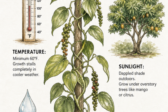 Botanical illustration of a black pepper plant showing its climate needs including temperature, sunlight, and moisture.