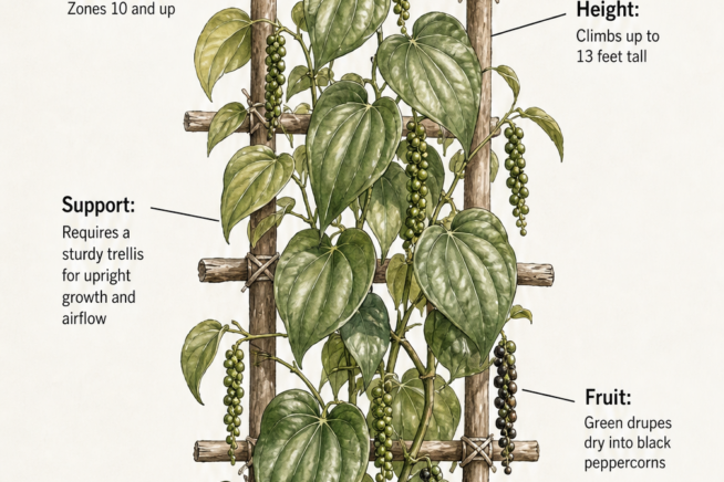 Botanical illustration of a black pepper vine climbing a wooden trellis with care requirements for climate, height, and soil.