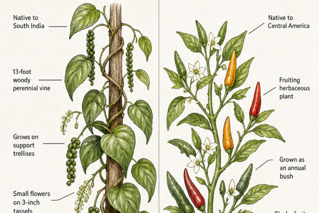 Botanical illustration comparing the Piper nigrum vine and the Capsicum annuum bush with their native origins and growth habits.