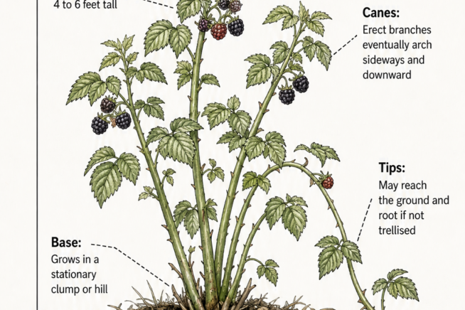 Botanical illustration showing the growth habit of a black raspberry bush with erect canes arching downwards and rooting at the tips.