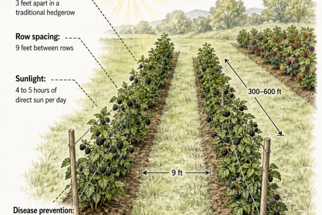 Isometric garden illustration showing proper planting distances for black raspberries, including 3 feet between plants and 9 feet between rows.