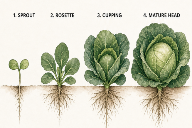 Botanical illustration showing the four growth stages of a cabbage plant from sprout to mature head