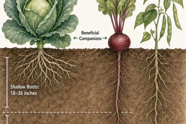 Soil cross-section showing shallow cabbage roots alongside deeper roots of companion plants like beets and bush beans